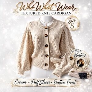Who What Wear Cream Textured Knit wool Cardigan Puff Sleeve Button Front Size S